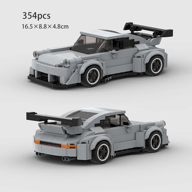 Grey Porsche 911 building block lego toy car with size measurements