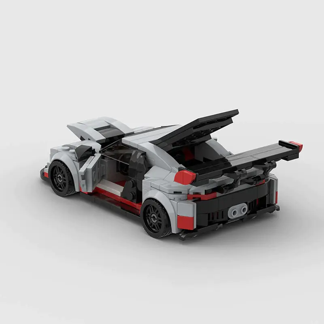 Grey and red Audi R8 LMS GT3 building block toy car with open doors