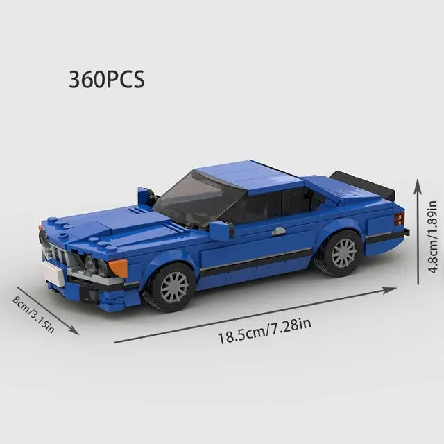 Blue BMW 635CSi 360 piece building block lego toy car with measurements